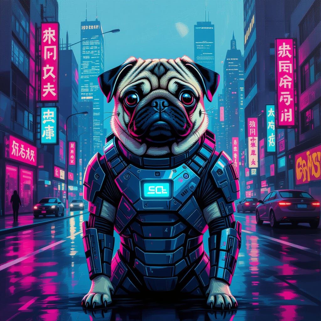 Cyborg Pug in Dystopian Cityscape as Oil Painting
