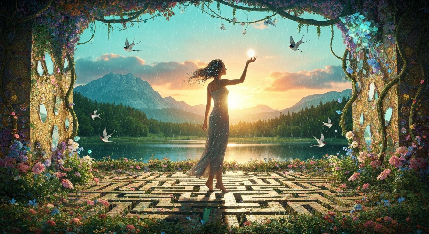 Mystical Woman in Luminous Labyrinth on Rainy Autumn Day