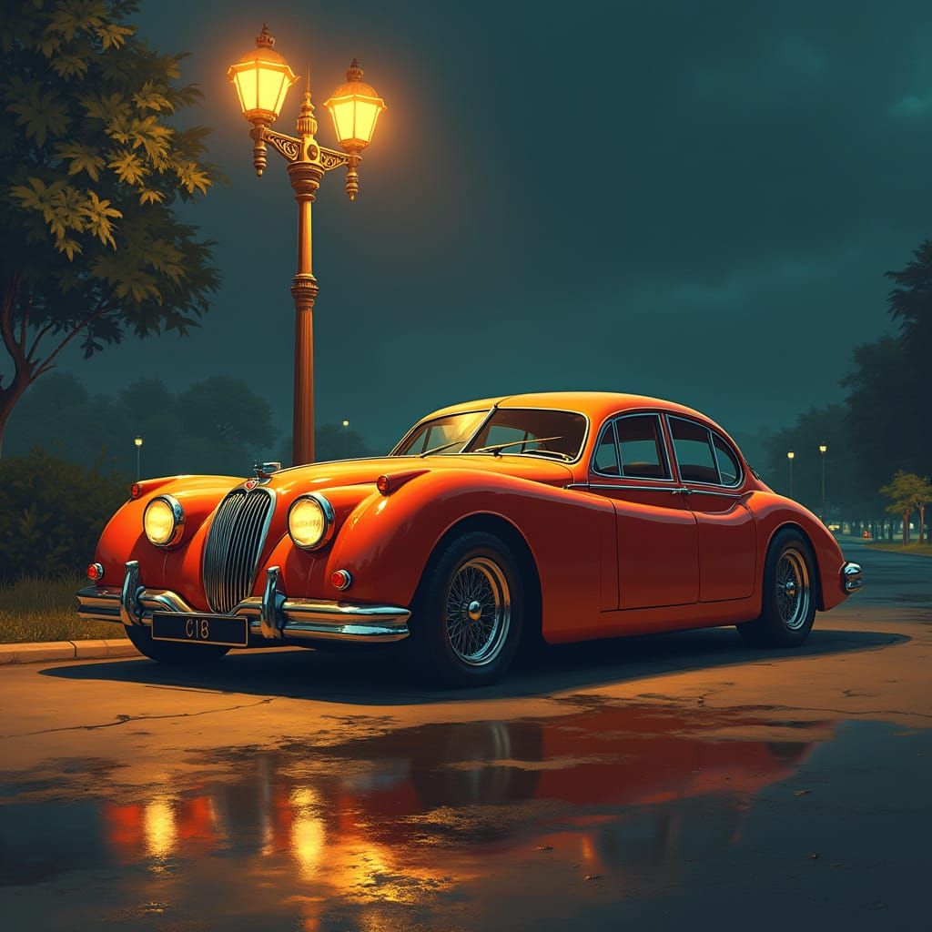 Vintage Jaguar Sovereign with Futuristic Racing Body, Parked...