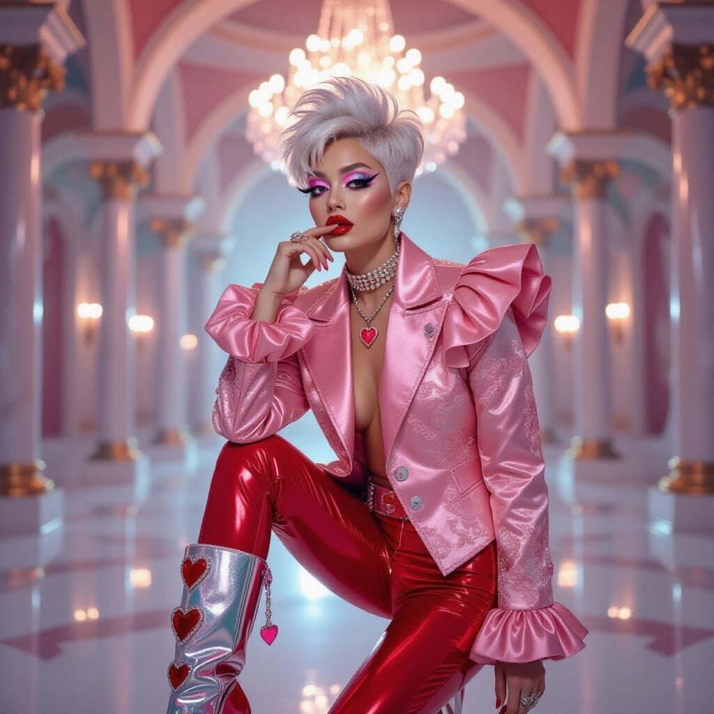 Futuristic Fashion Model in Neo-Baroque Ballroom