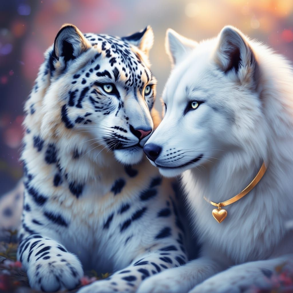 Snow Leopard and White Wolf with Golden Collar