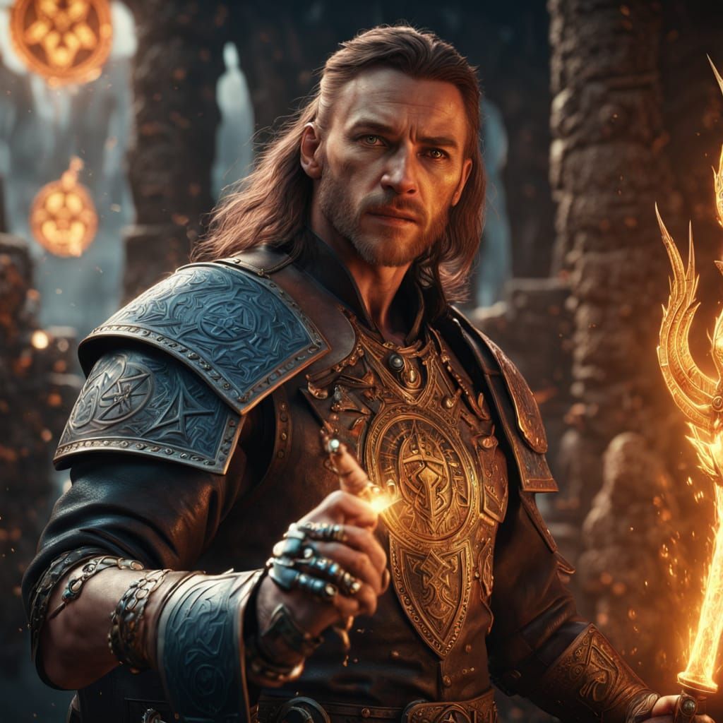 Warrior with Glowing Runes in Hyperrealistic Fantasy Art