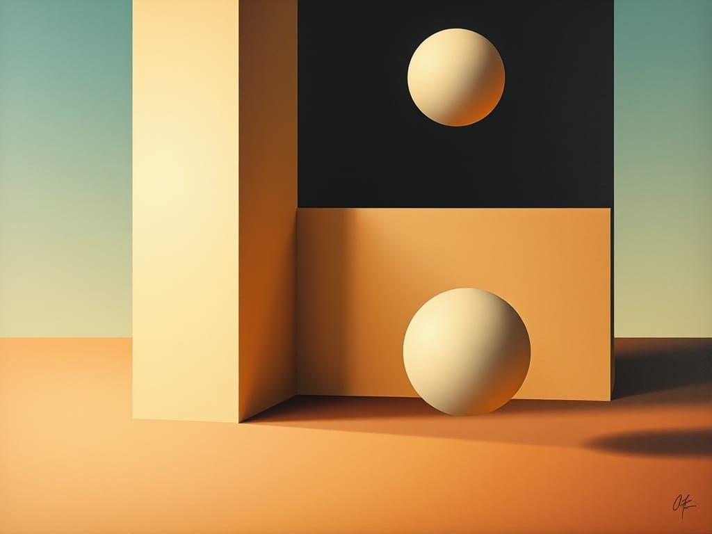Surrealist Oil Painting of Balanced Geometric Shapes