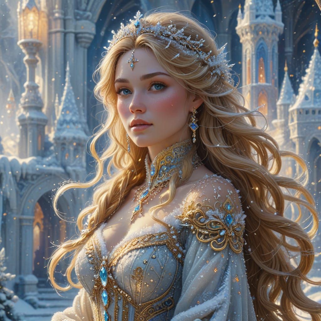 Regal Figure in Snow Palace, Thomas Kinkade Style