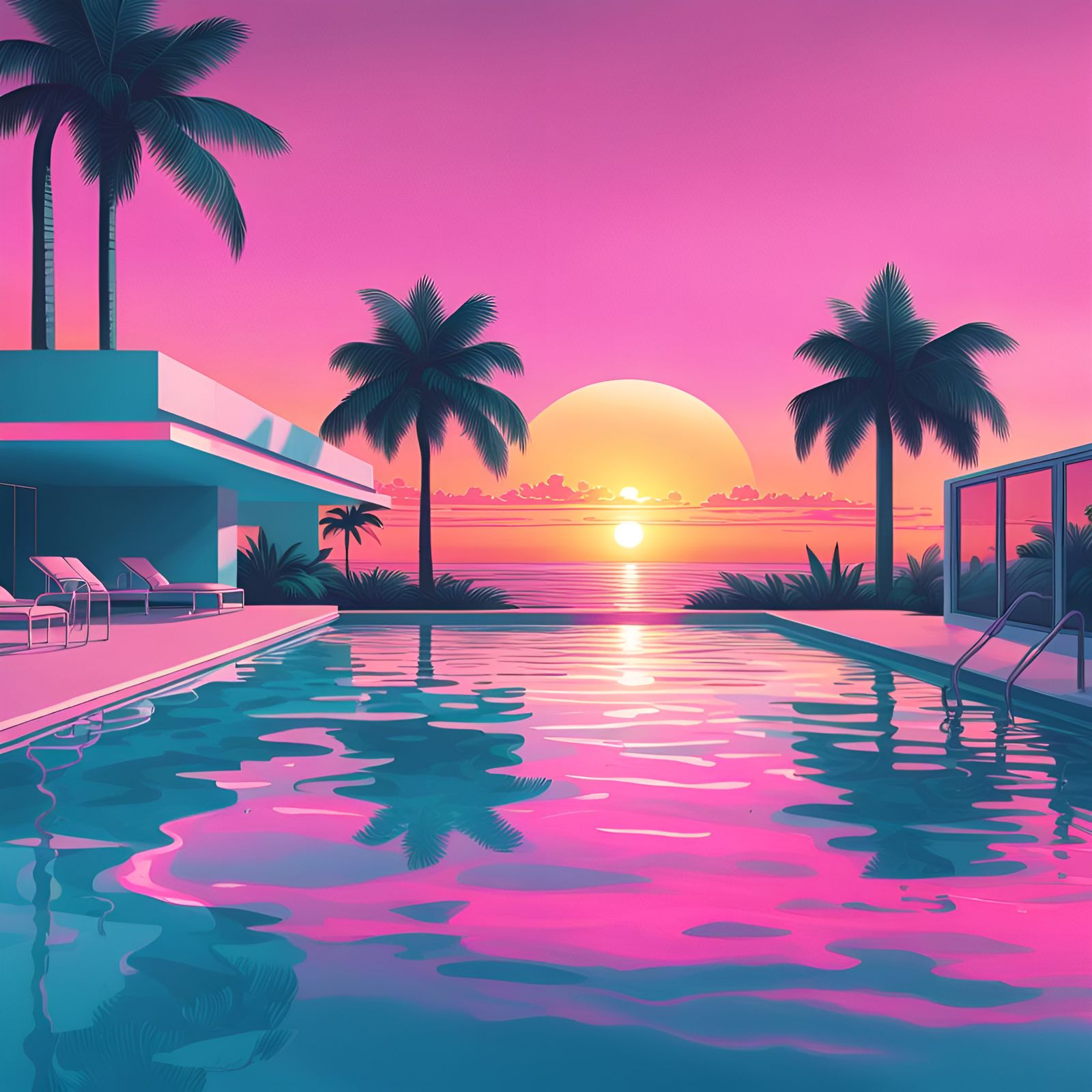 Vaporwave Sunset Over Miami Swimming Pool