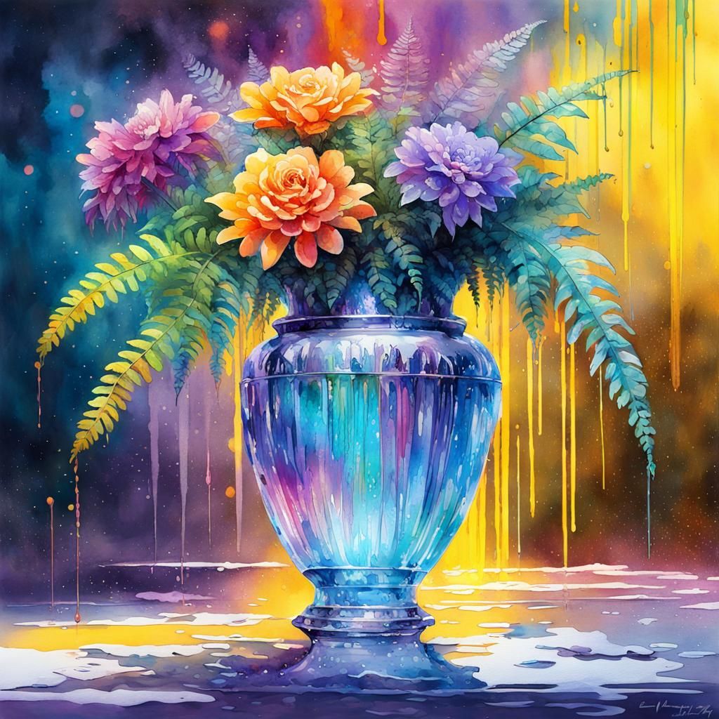 Crystal Vase of Flowers in Watercolour Style