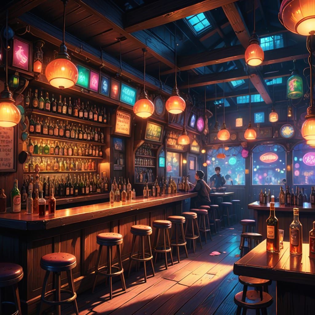 Fantasy 50s Fairy Dive Bar in Anime Style