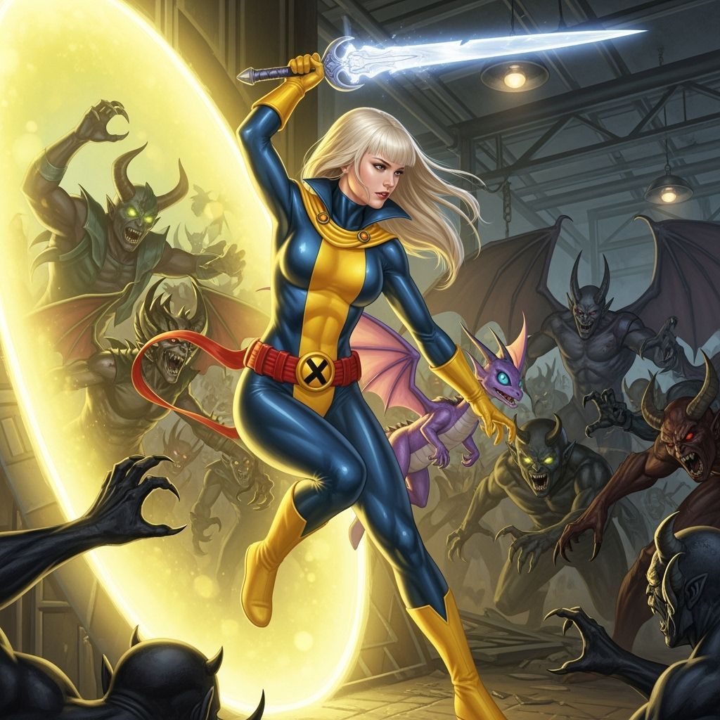 Magik in Action Emerging from Portal with Lockheed