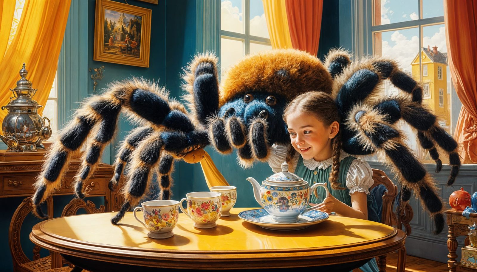 Girl Serves Tea to Tarantula, Victorian Gouache Painting