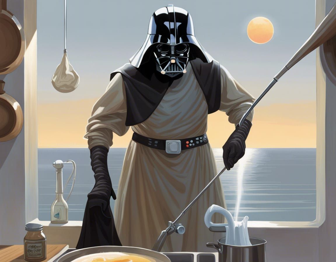 Darth Vader Cleans Kitchen at Sunset: Humorous Sci-Fi Art