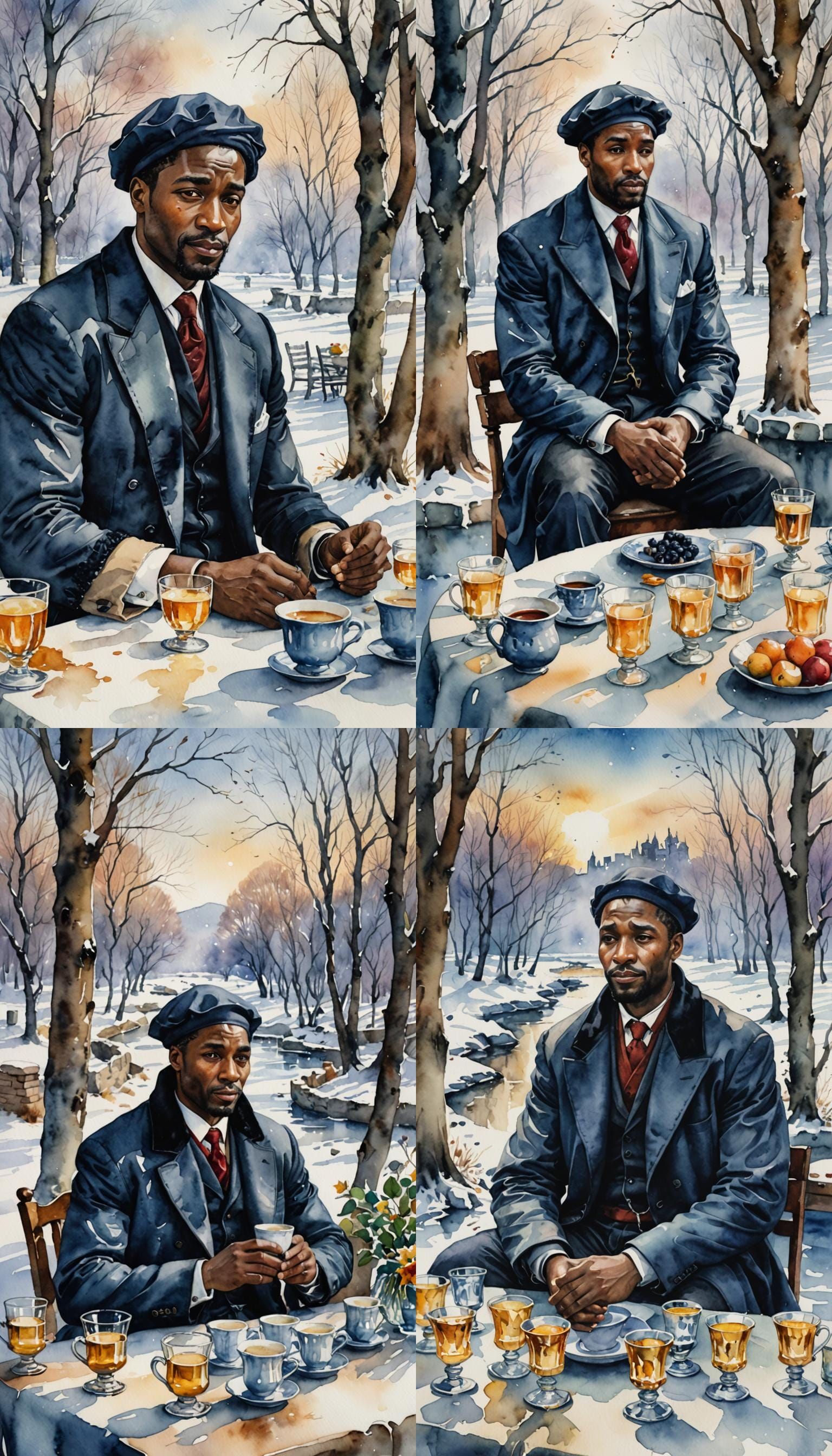 Watercolor of Content Black Nobleman with Cups