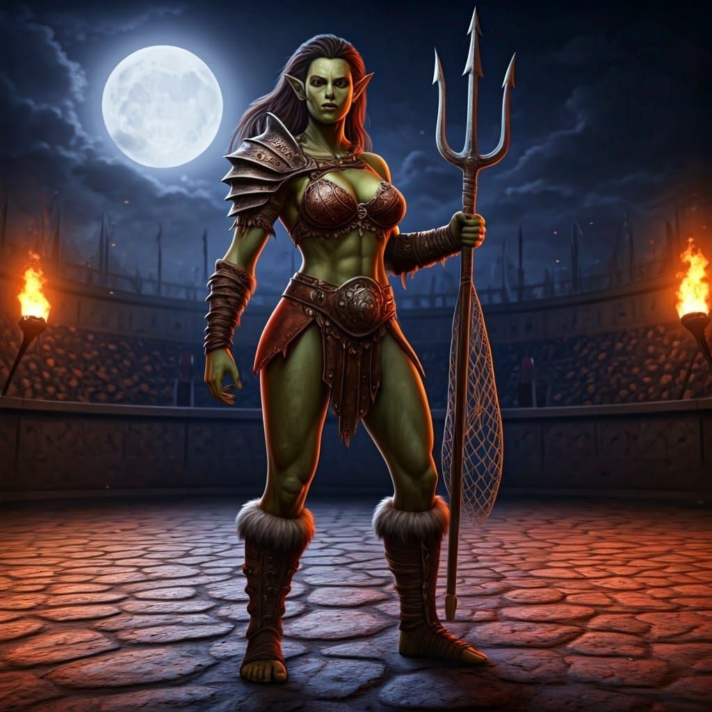 Vigilant Fantasy Orc Gladiator Under Full Moonlit Arena
