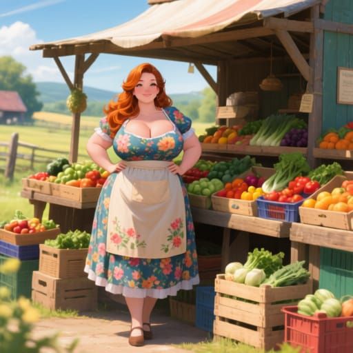 Rustic Farm Stand with Auburn-Haired Woman