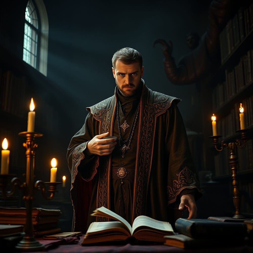 Medieval Priest Battles Demons in Haunting Library Scene