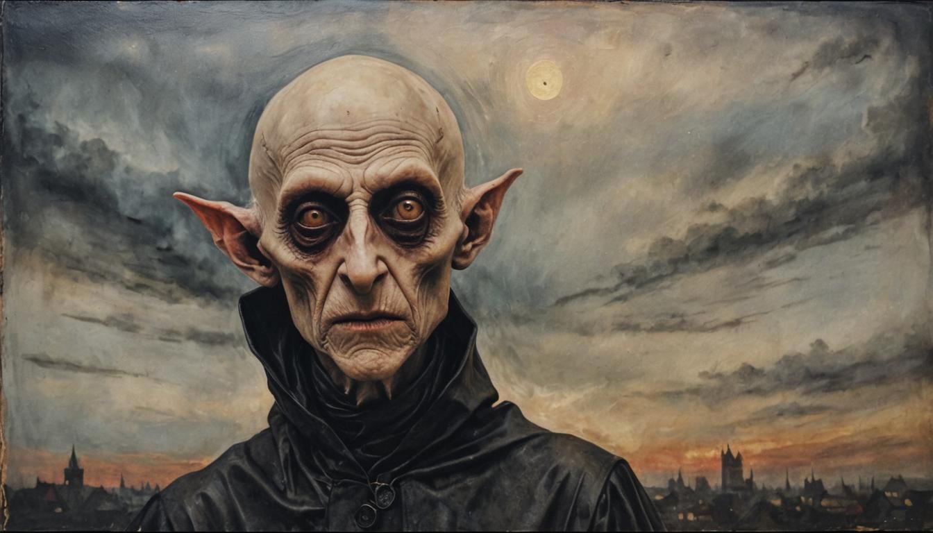 Nosferatu Head in Burning Sky: Encaustic Hyperrealism