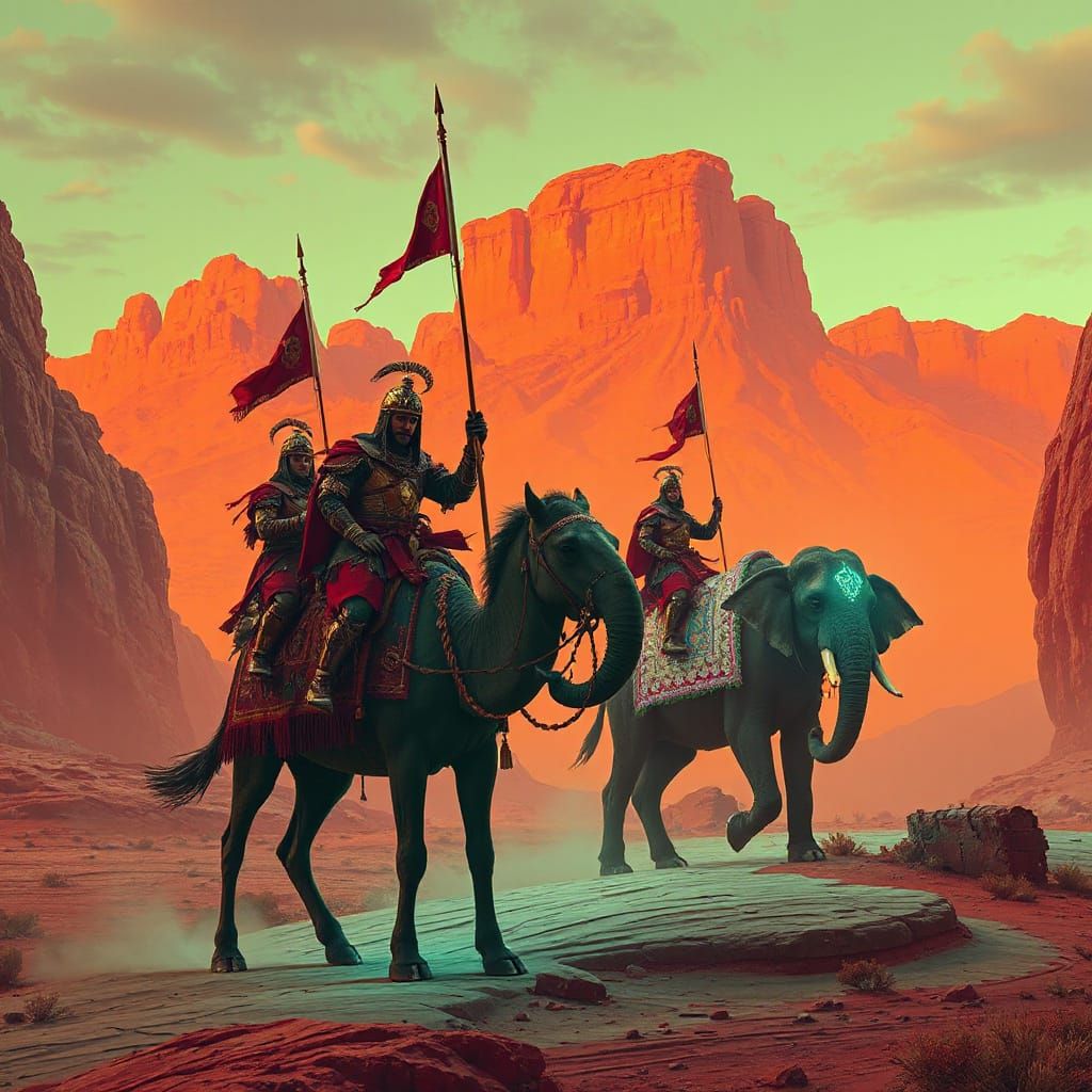 Mongol Warriors Cross Neon Canyon in Futuristic Landscape