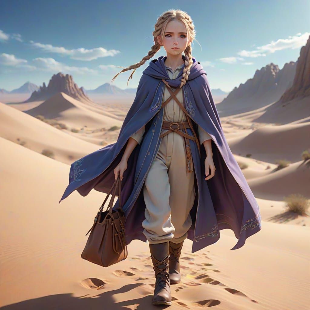 Ethereal Desert Maiden with Braided Hair and Moonlit Boots