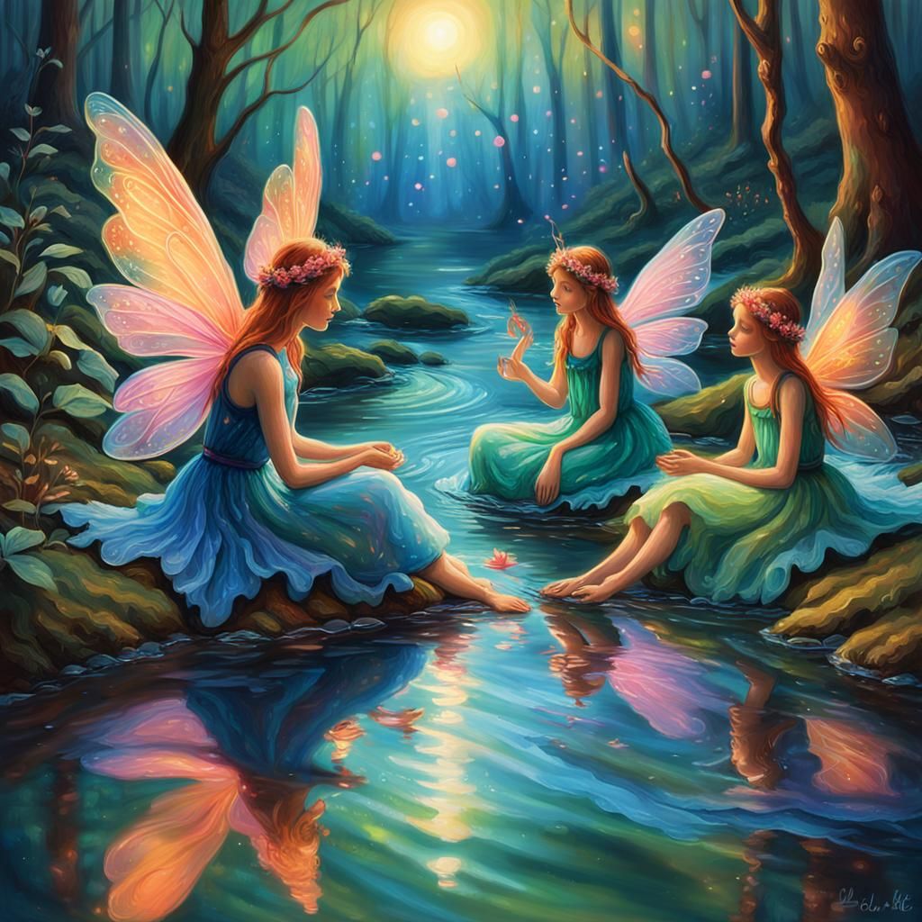 Fairies Swimming Party in Magical Forest, Fantasy Art