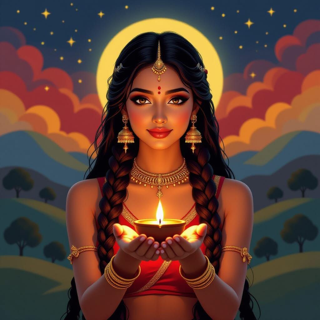 Indian Fire Nymph with Fiery Braids and Glowing Diya