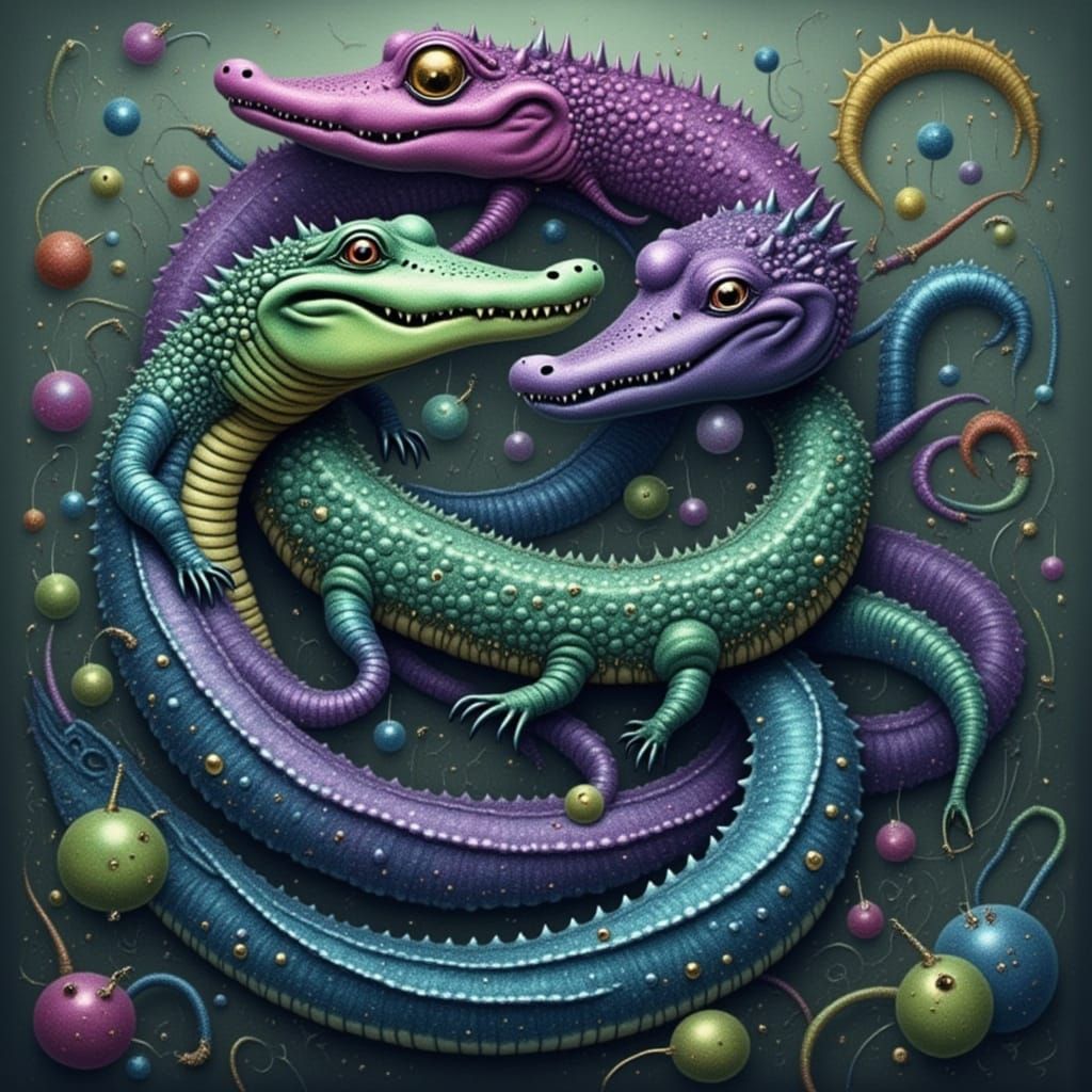 Dreamlike Crocodilian Assembly in Lavender and Indigo Hues