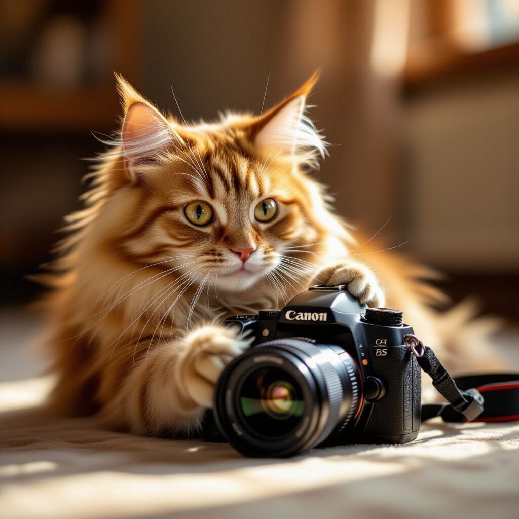 Ginger Cat Playfully Attacks DSLR Camera