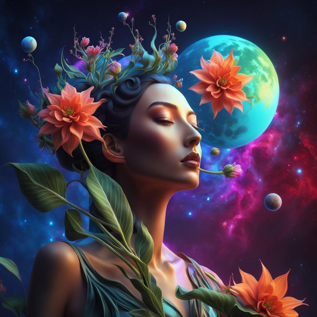 Magical Woman Plant with Glowing Flower in Space