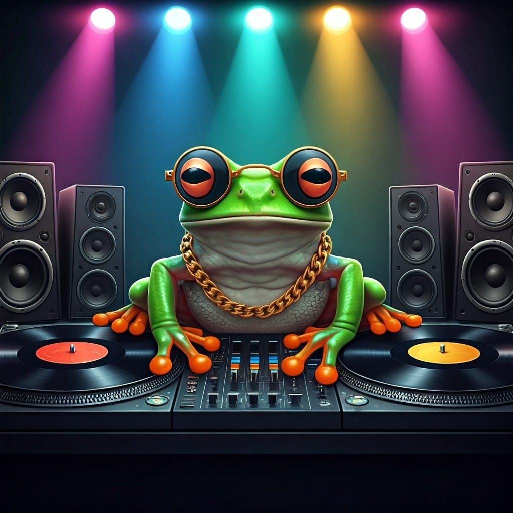 Green Frog DJ in Music Booth, Detailed Photography