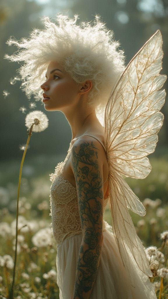 Dandelion Fairy Blowing Wisps in Fantasy Landscape