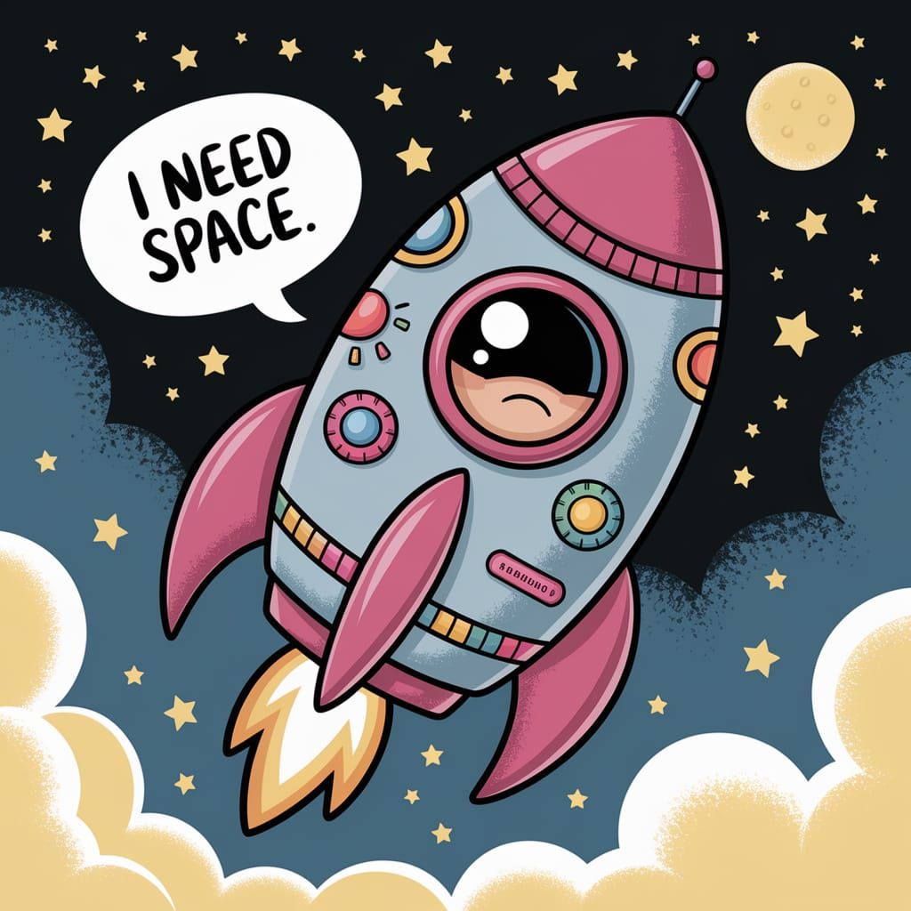 Kawaii Rocket Needs Space: Whimsical Illustration