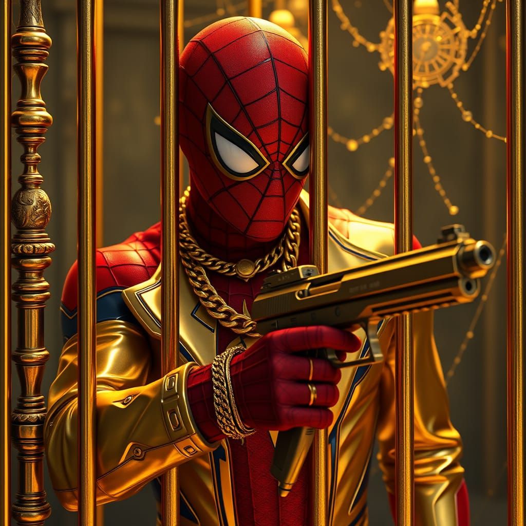 Luxurious Spiderman in Gold Chains and Watch Behind Bars