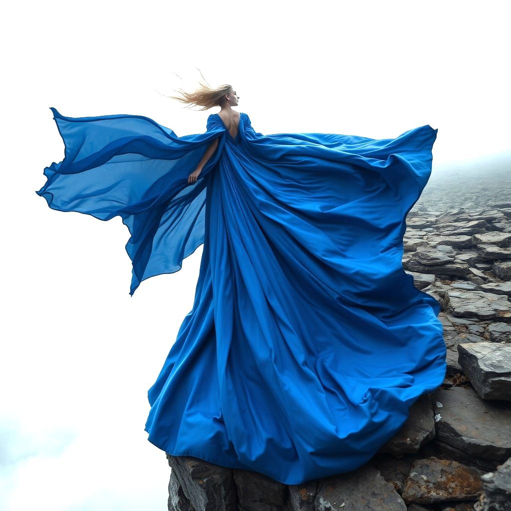 Woman in Blue Dress at Cliff's Edge
