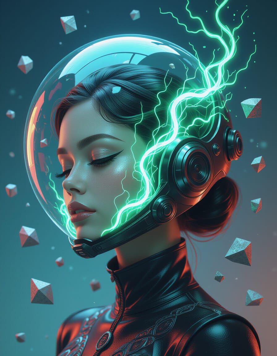 Woman in Translucent Helmet with Lightning, Neuropunk Style