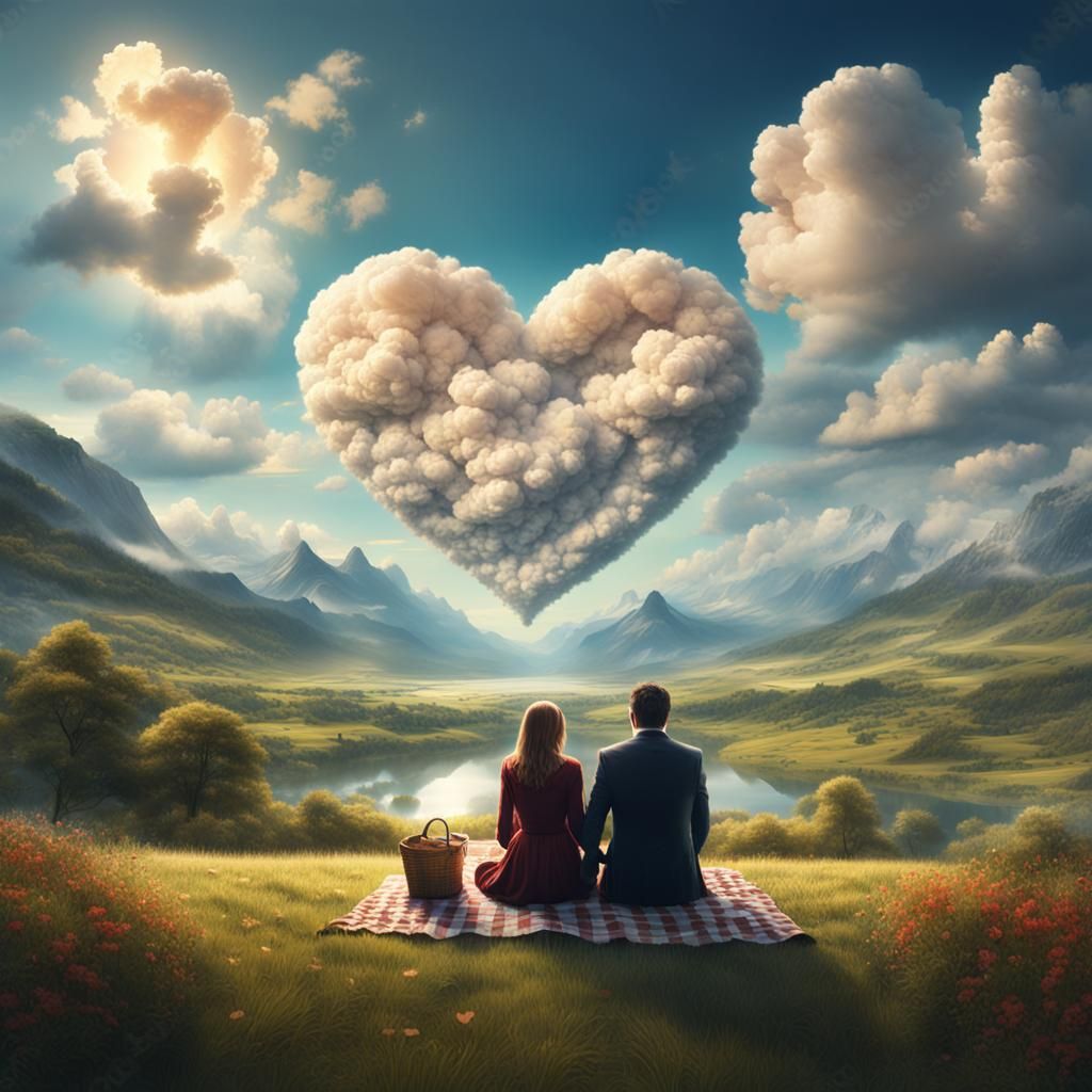 Romantic Picnic Under Heart Cloud: Digital Matte Painting