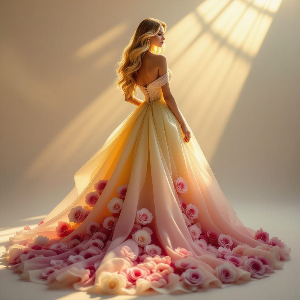Woman's Gown Transforms from Yellow to Pink Roses in HDR