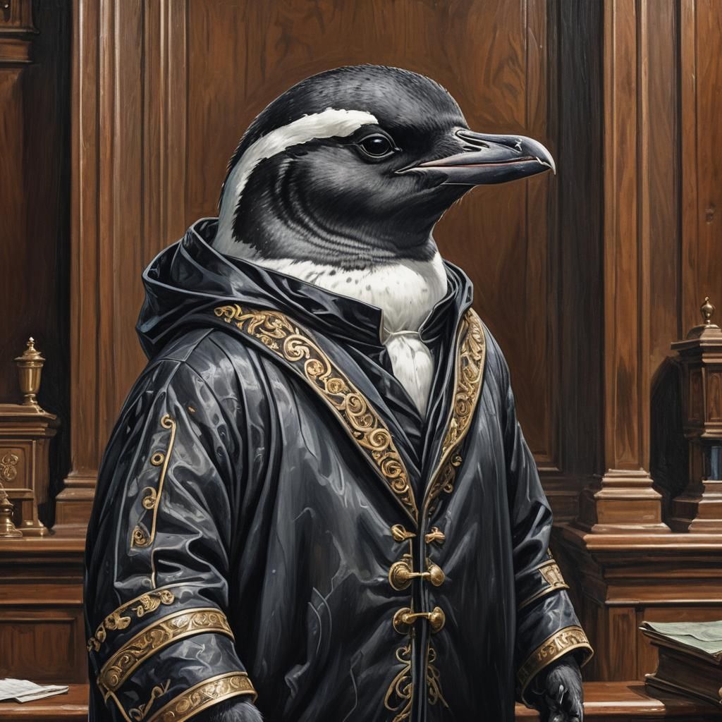 Penguin Judge Portrait in Courtroom Setting