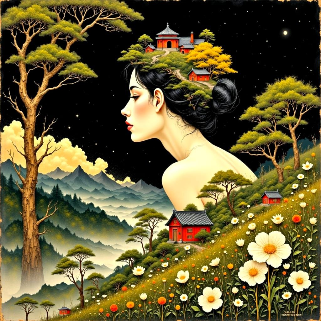 Ethereal Woman Emerges from Earth in Golden Age Style