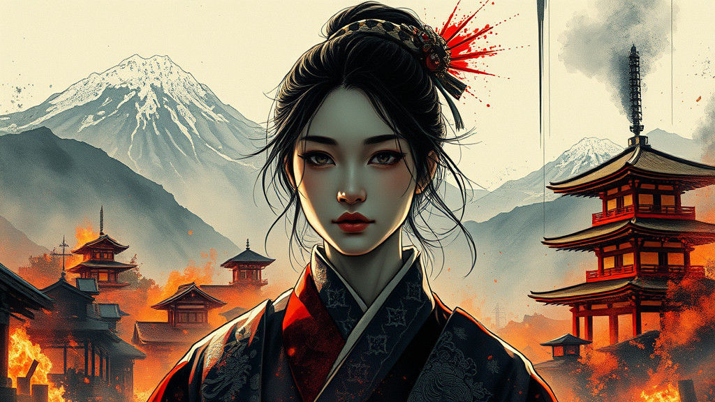 Japanese Figure in Burning Village Double Exposure