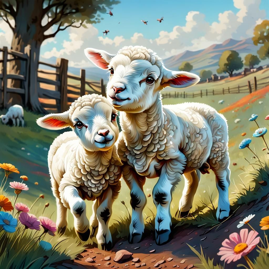 Adorable Lambs Playing in a Colorful Field