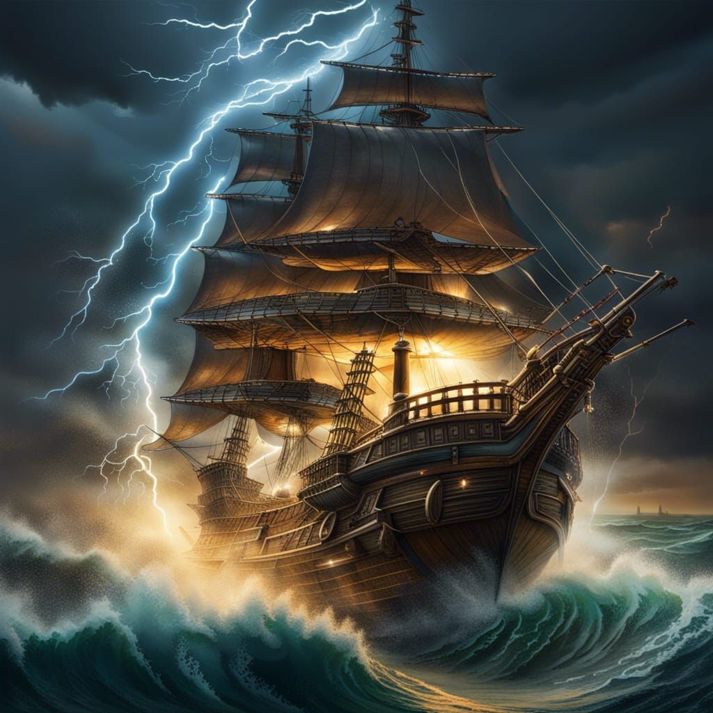 Pirate Ship Amidst Lightning Storm