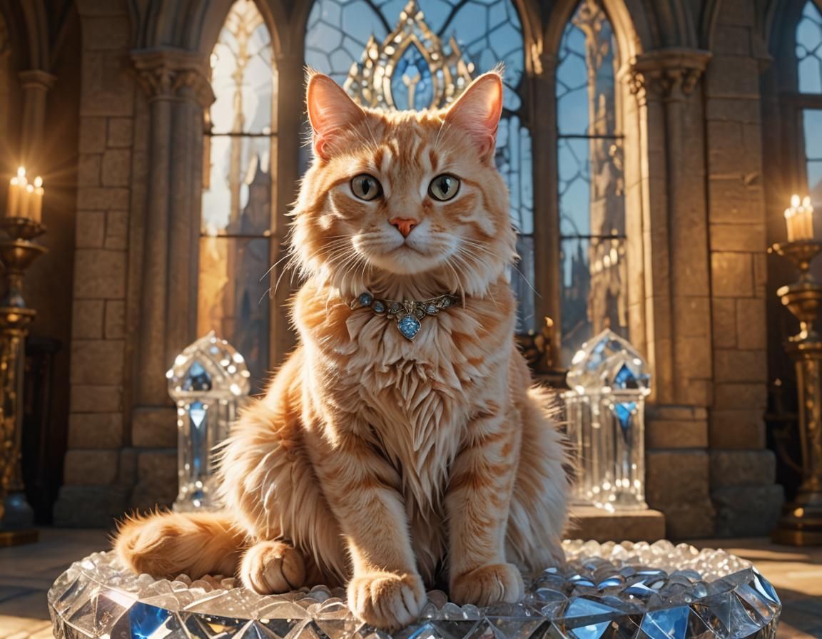 Detailed Crystal Cat on Throne in Castle