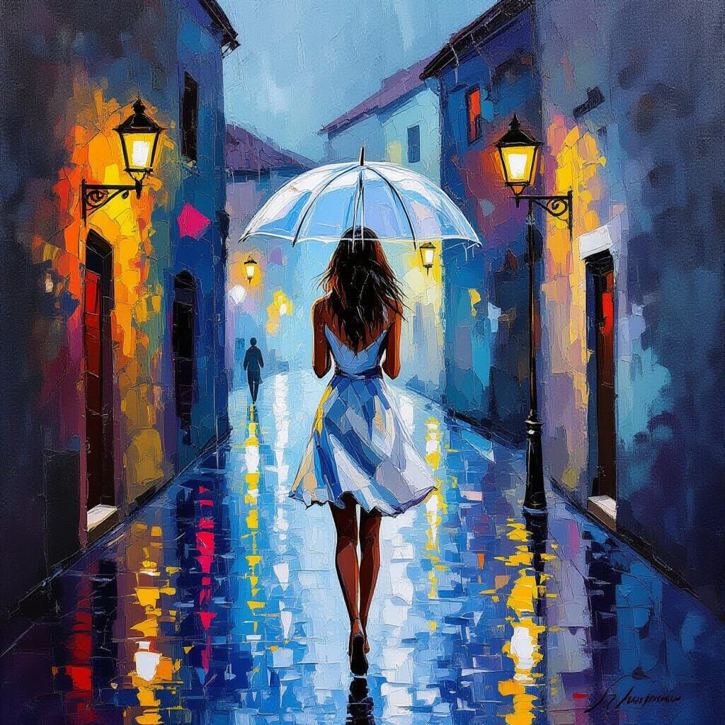 Woman in Wet Dress Walks Rainy European Street