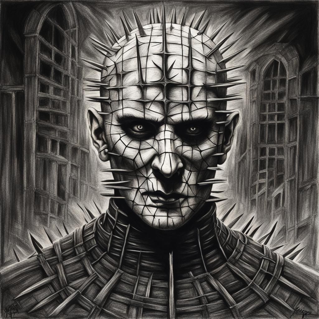 Hyperdetailed Charcoal Drawing of Pinhead in Hell