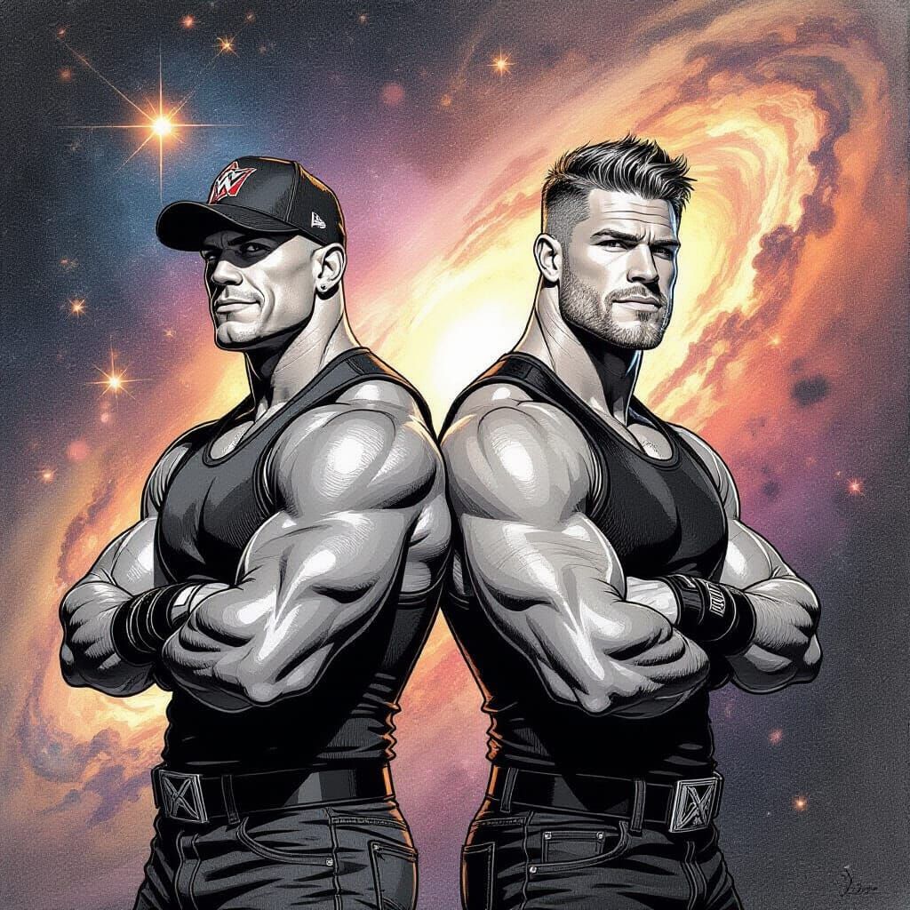 John Cena and Cody Rhodes Graphite Sketch with Galaxy Backgr...