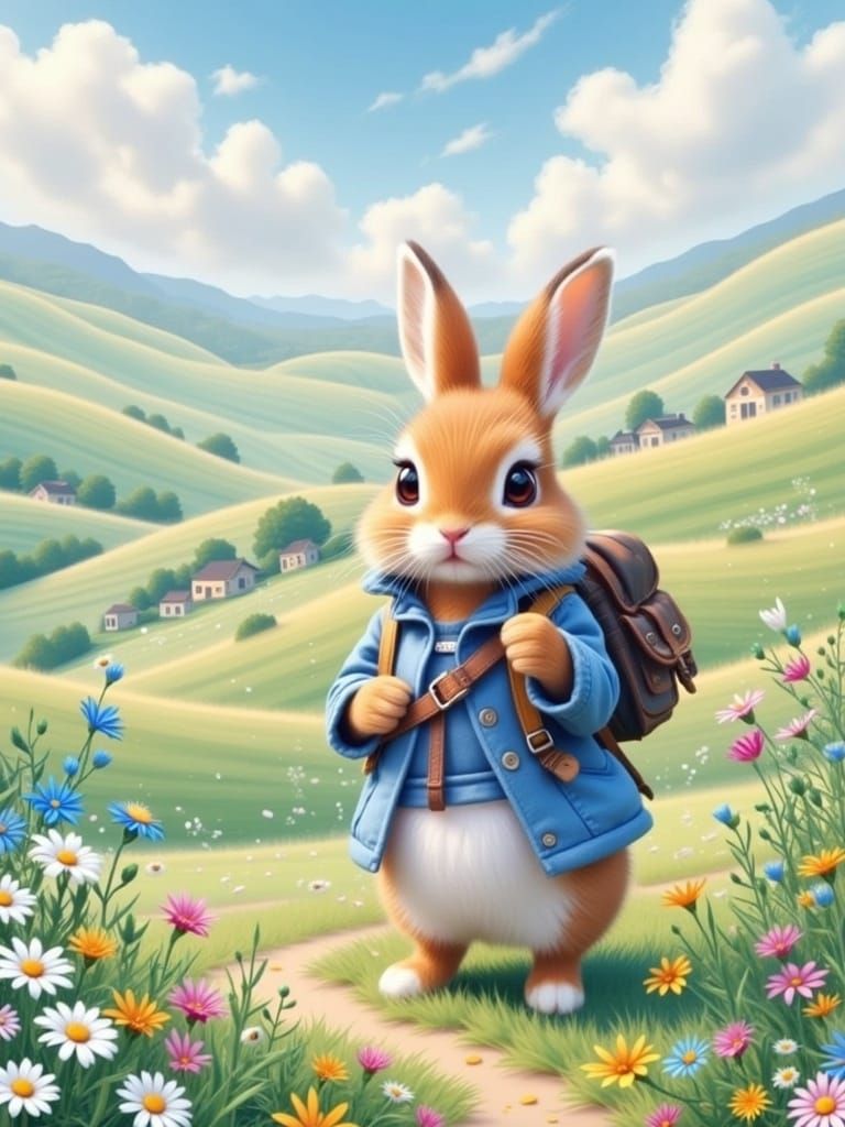Pixar Style Bunny in Wildflower Field with Fractals