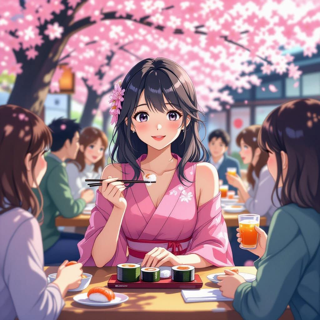 Anime Girl with Friends Enjoying Sushi Under Cherry Blossoms