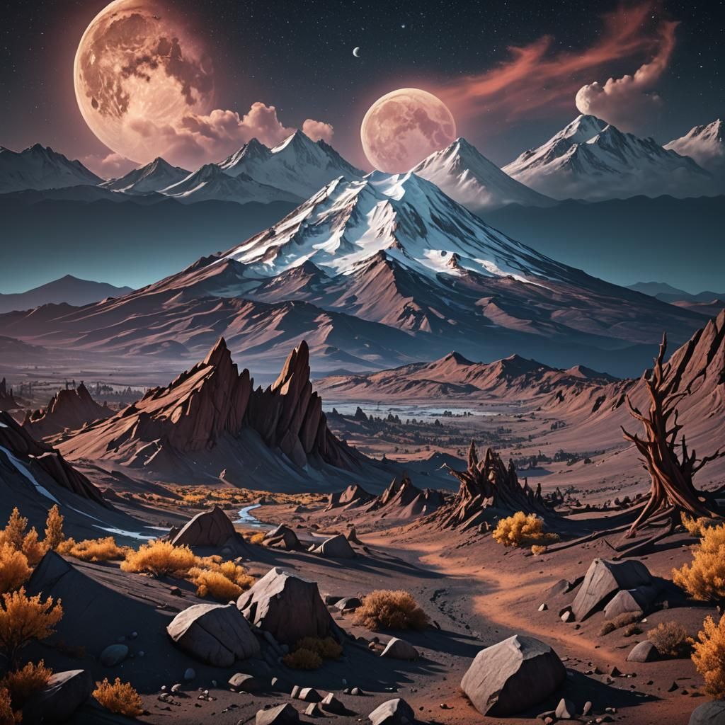 Surreal Mount Shasta Under Full Moon, Matte Painting