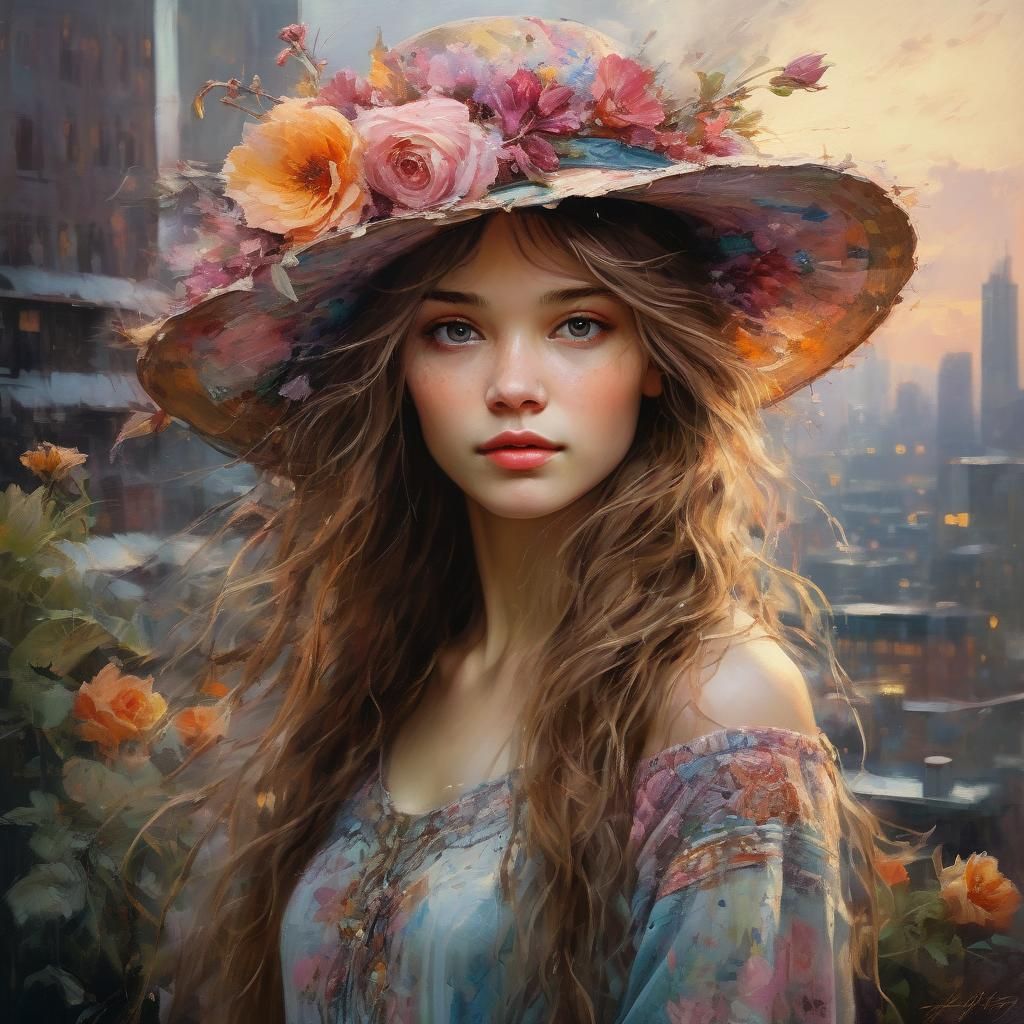 Goddess with Floral Hat in Romantic Realism Portrait