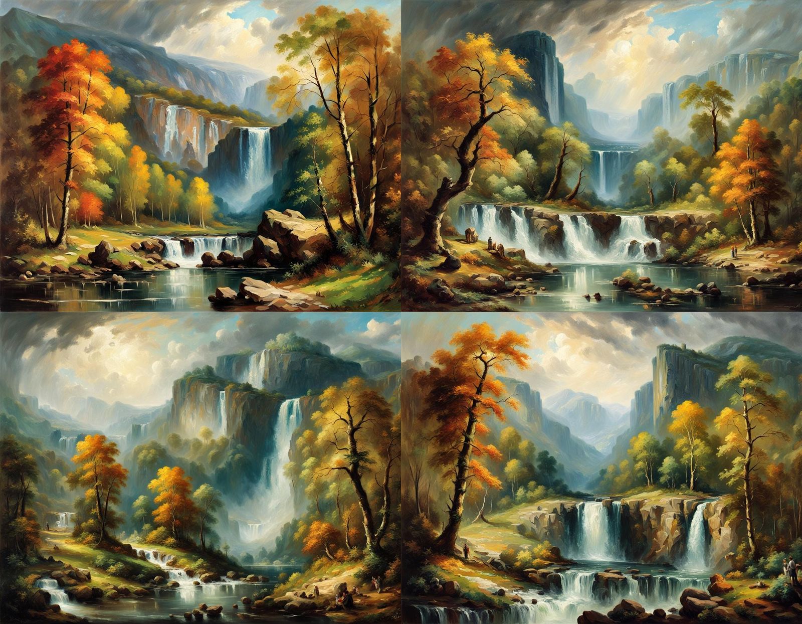 Mystical Waterfall Landscape in Oil Painting Style