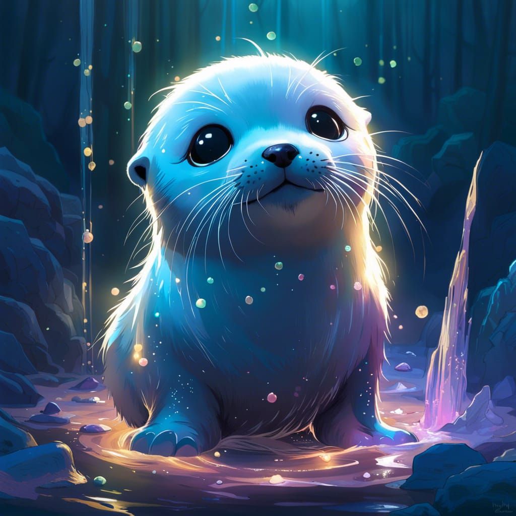 Adorable Chibi Seal Pup on Bioluminescent Waters