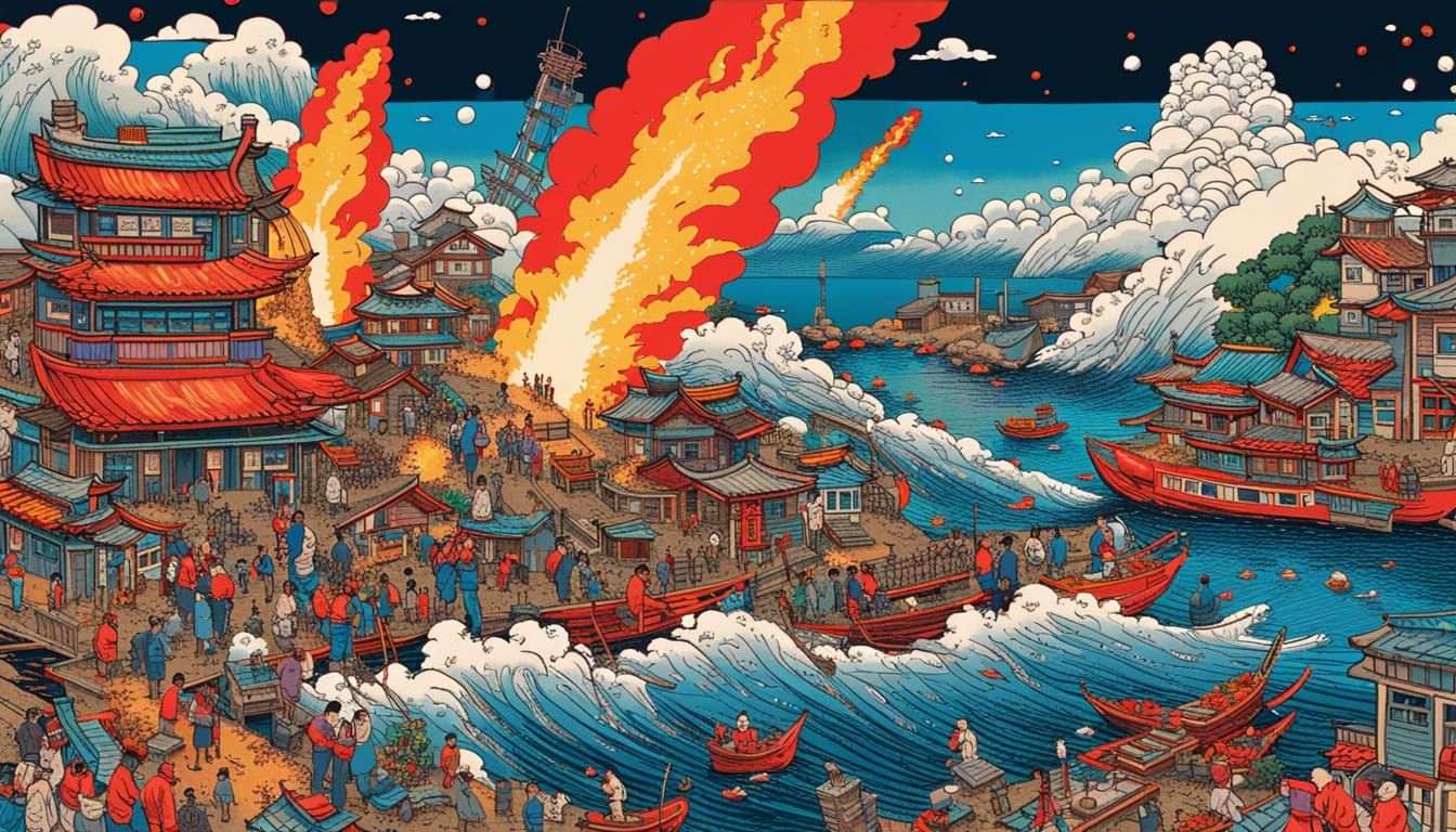 Korean City Rocket Launch: Neo-Expressionist Ukiyo-e Style